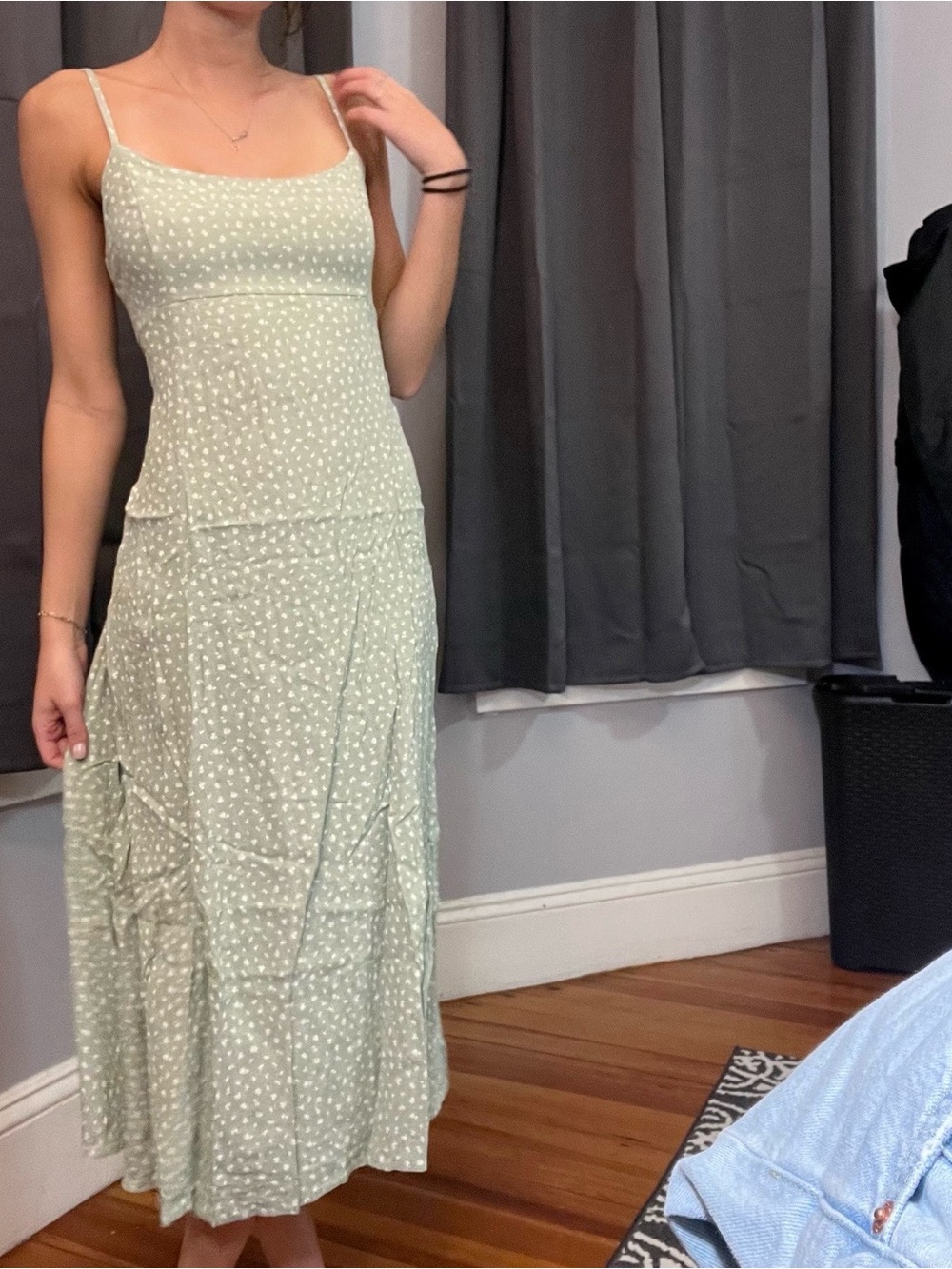 Sleeveless Sage Green Midi Dress with Subtle Dot Print